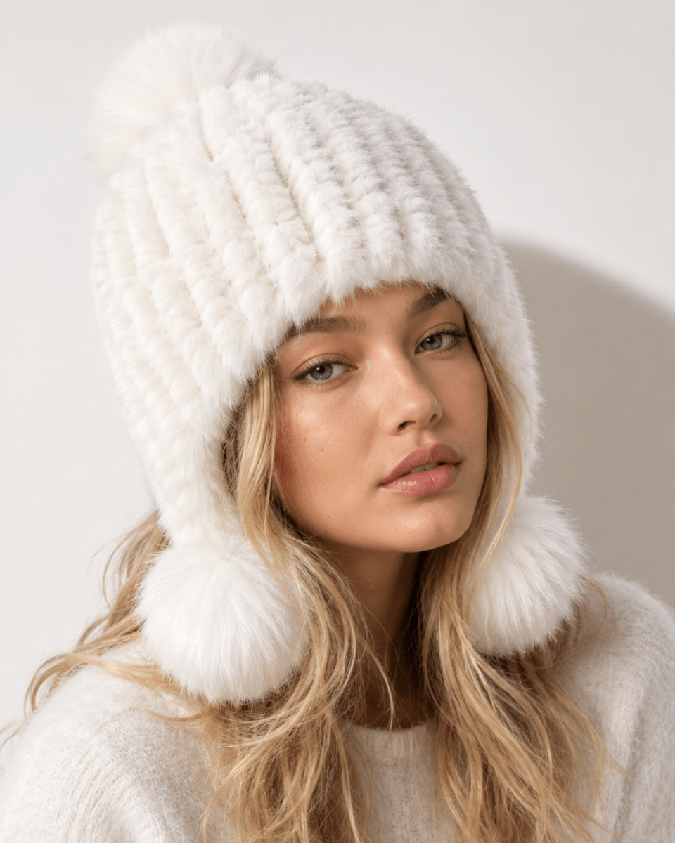 A close-up of a woman wearing a chunky white faux-fur beanie with a large pom-pom on top and matching pom-pom ear flaps, paired with a soft knit sweater against a plain light background.