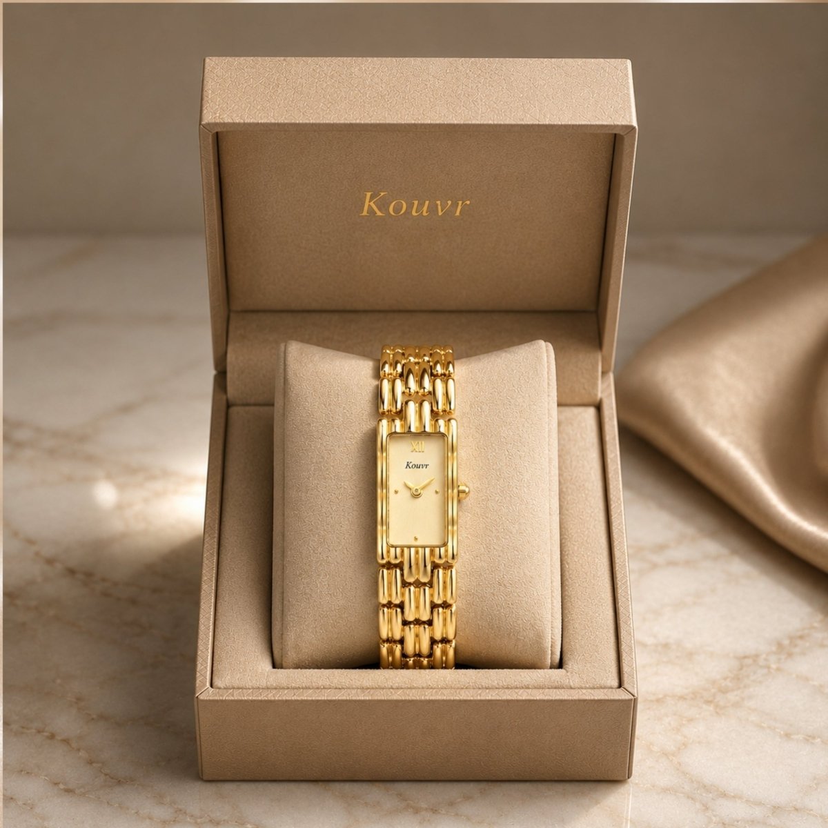 Kouvr women's rectangular gold watch displayed in a premium beige presentation box, highlighting luxury vintage styling and sophisticated gifting appeal.