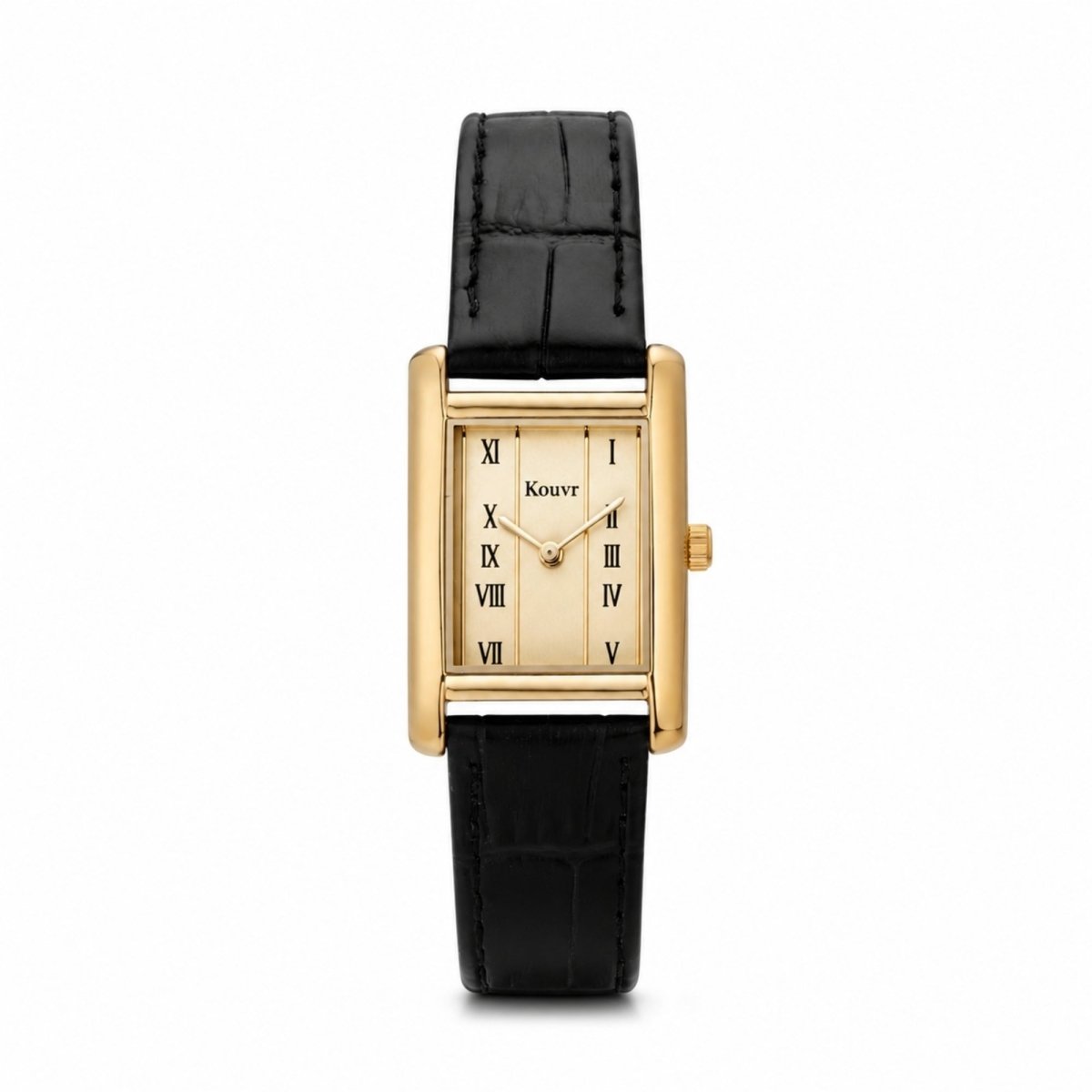 Front flat-lay view of the Kouvr women's gold rectangular watch featuring a classic Roman numeral dial and textured black leather band.