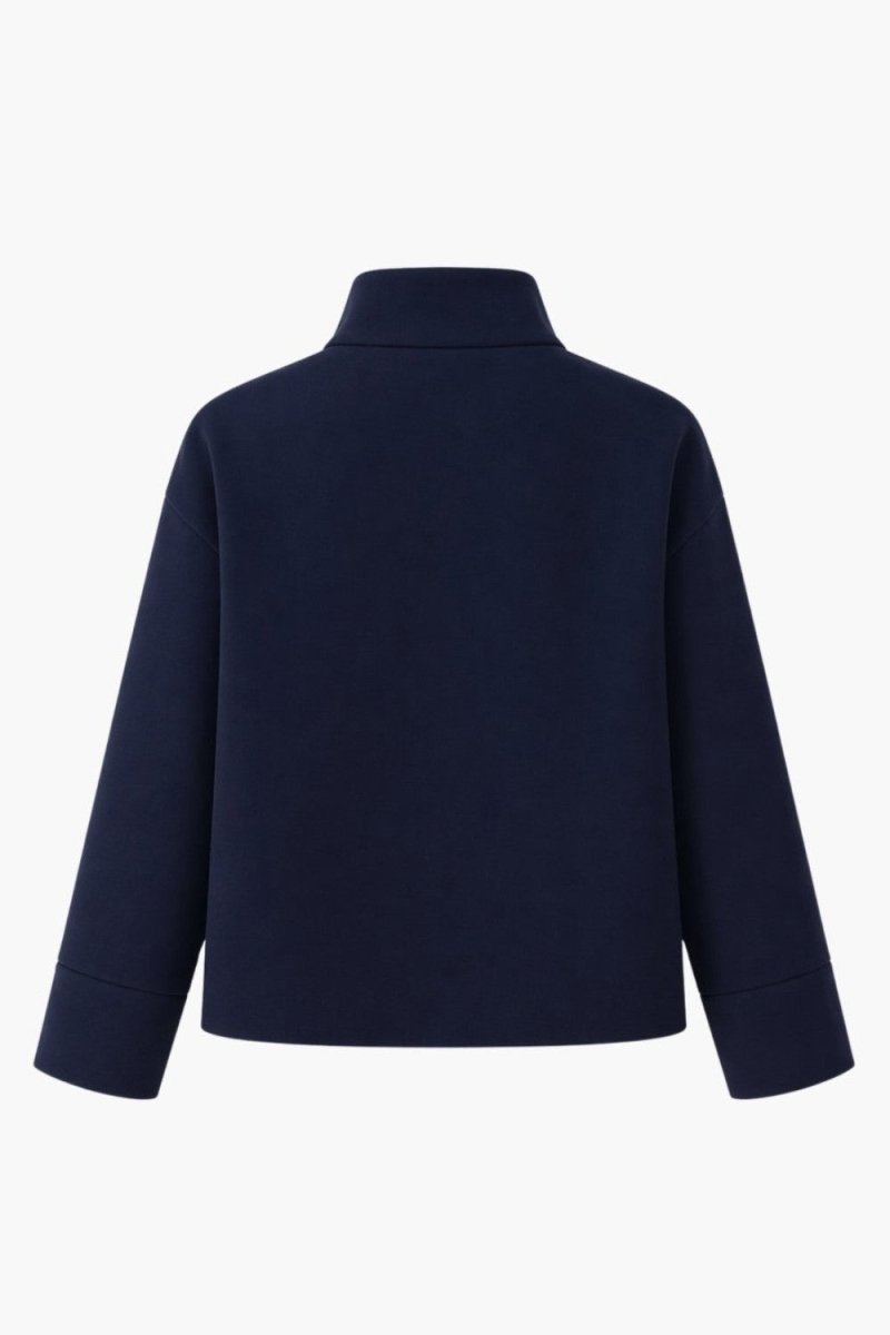 Back view flat lay of womens structured fall and winter outerwear jacket in dark navy.