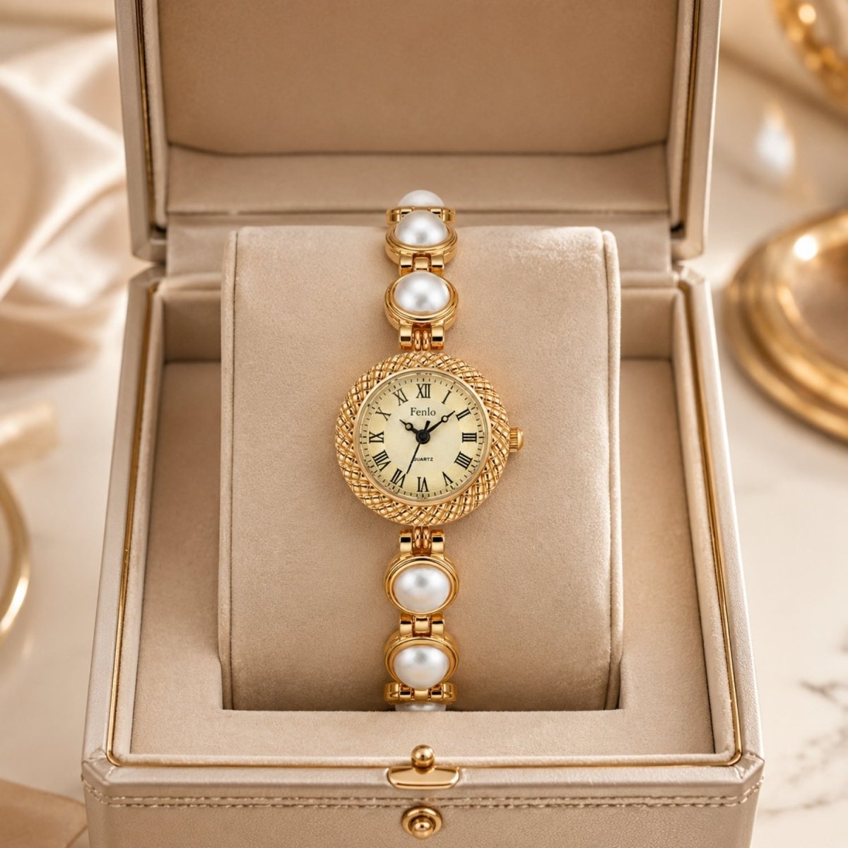 Elegant Kouvr women's gold dress watch featuring a smooth pearl bracelet and vintage Roman numeral dial sitting in a premium gift box.