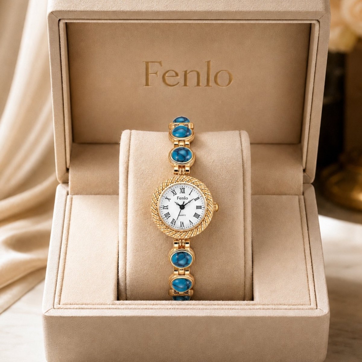 Close up of Kouvr women's vintage gold watch featuring a turquoise gemstone bracelet in a luxury velvet-lined presentation box.