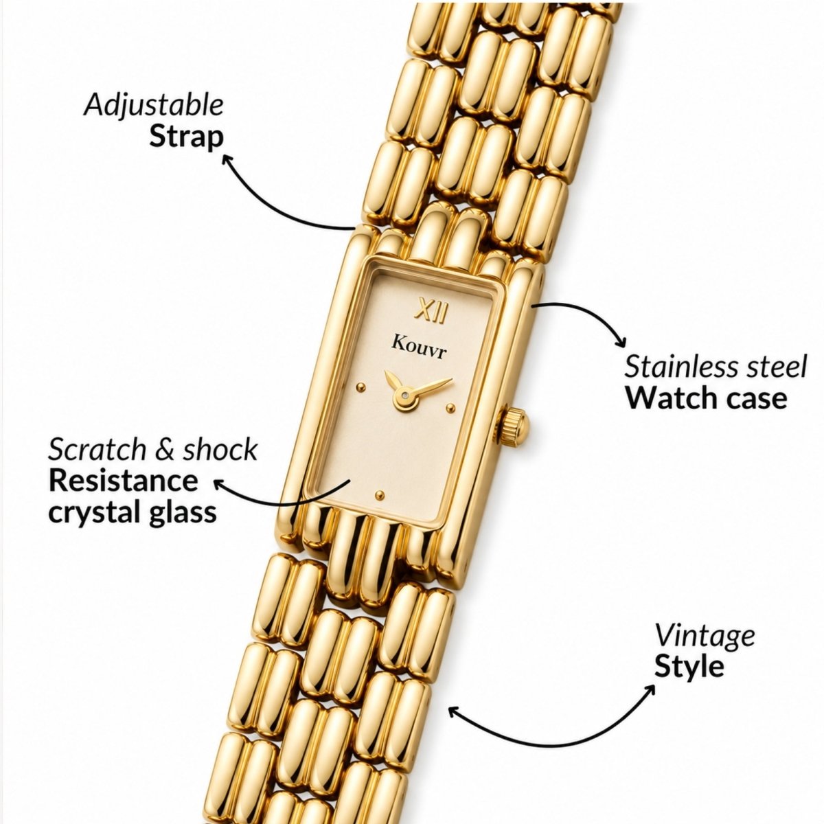 Technical infographic detailing the Kouvr watch features including vintage style design, stainless steel watch case, scratch and shock resistance crystal glass, and an adjustable strap.