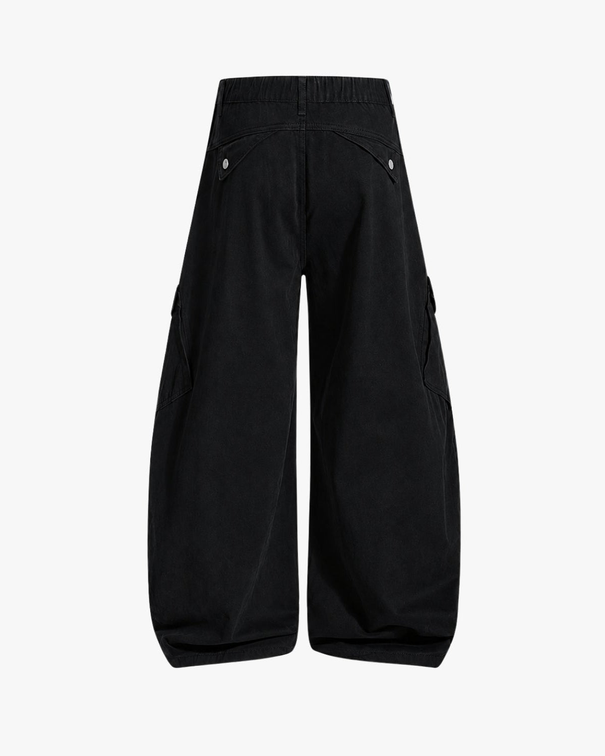 Black wide-leg cargo pants shown from the back, featuring an elastic waistband and flap cargo pockets with silver snap buttons, on a light gray background.