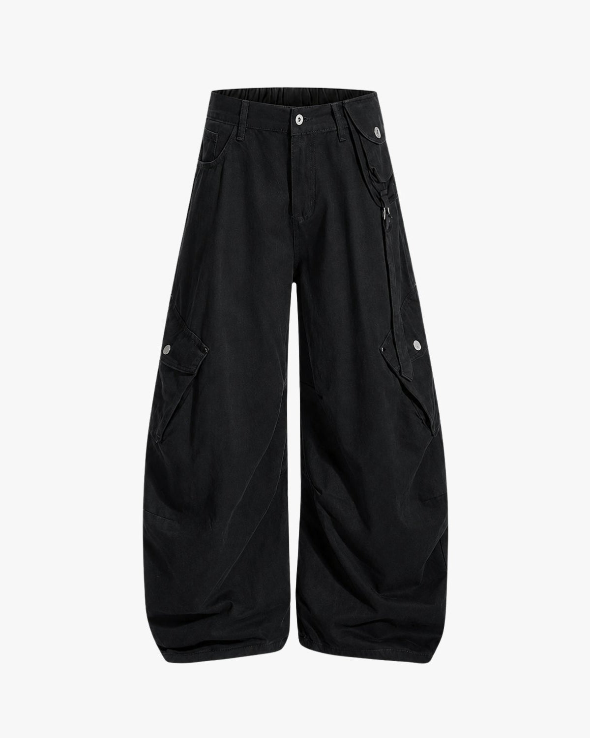 Black wide-leg cargo pants with multiple utility pockets and silver snap details, shown against a plain white background.
