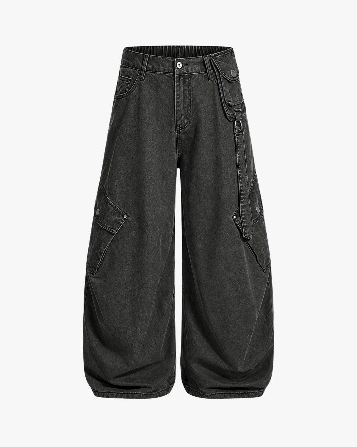Black washed denim cropped pants with wide legs, featuring multiple utility cargo pockets and a button closure, shown against a plain white background.