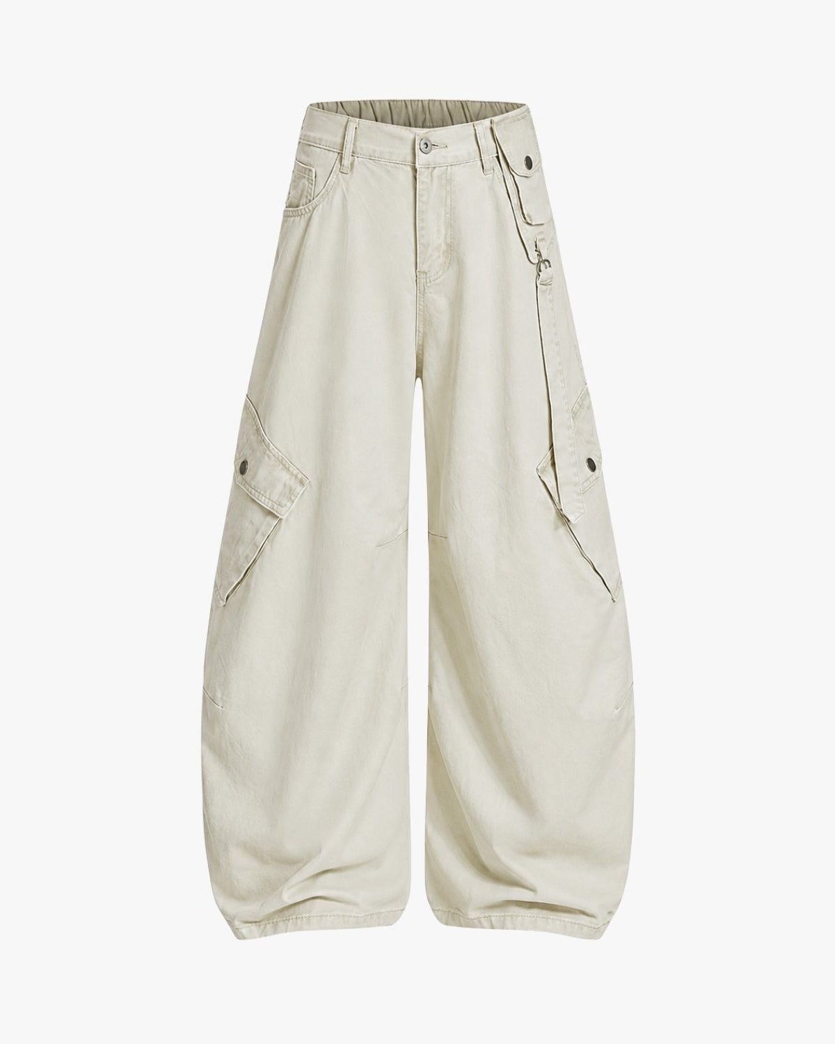 A pair of wide-leg cargo pants in a light cream or off-white color, featuring multiple utility pockets and button details, shown against a plain light gray background.