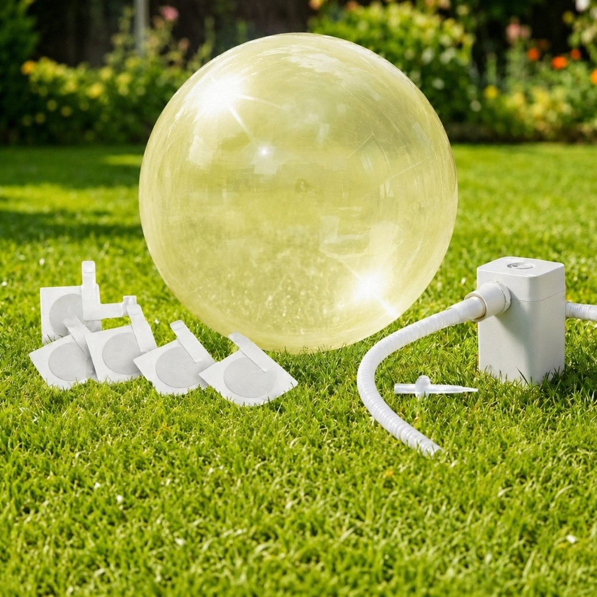 Yellow giant bubble ball toy set on the grass, including a portable electric pump and patches, marketed as the complete fun package for families.