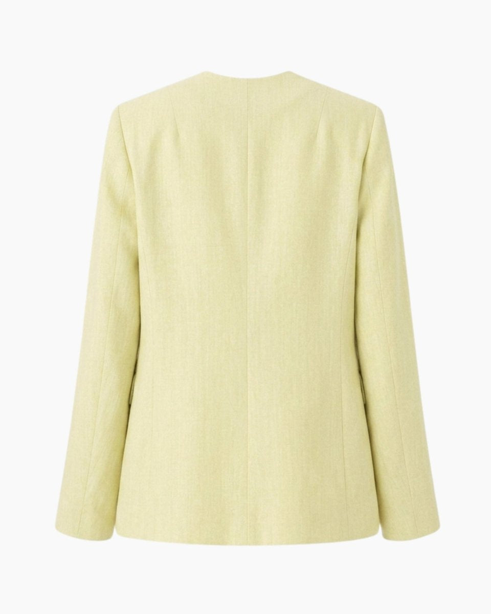 Ghost mannequin back view of Kouvr yellow linen tailored blazer for women.