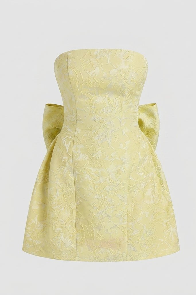 Front ghost mannequin product view of the structured yellow floral brocade mini dress