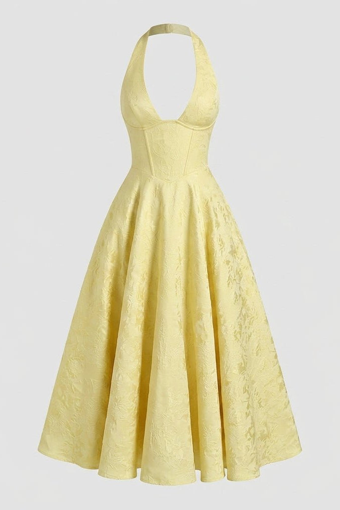 Ghost mannequin front view of the yellow fit and flare midi dress showing the structural design and A-line pleated skirt.