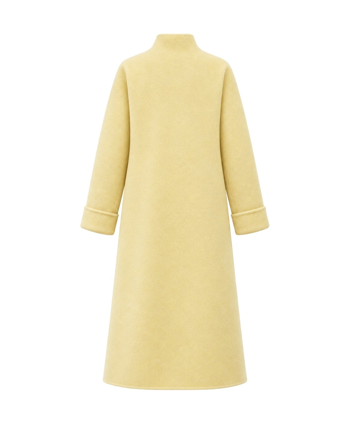 A pale yellow long-sleeve coat with a mock neck and wide cuffs, shown from the back on a solid white background.