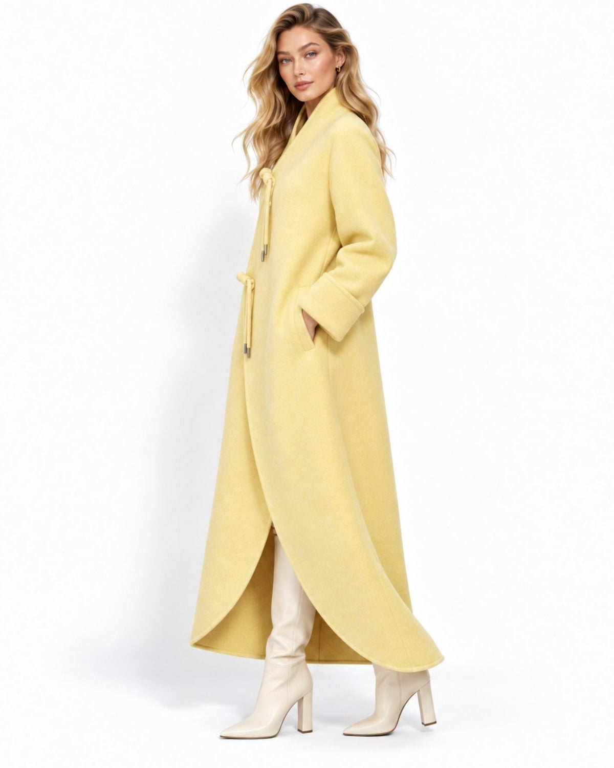 A woman modeling a long, light yellow wrap-style coat with a tie belt, paired with cream heeled boots, against a plain white studio background.