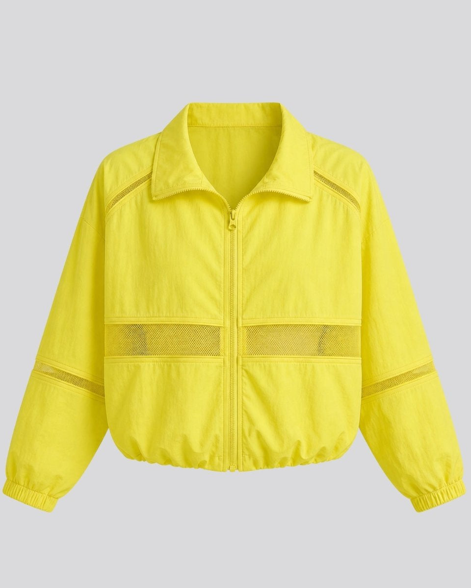 Studio flat lay of neon yellow zip-up lightweight jacket featuring fold-over collar and sheer mesh strip across the chest.