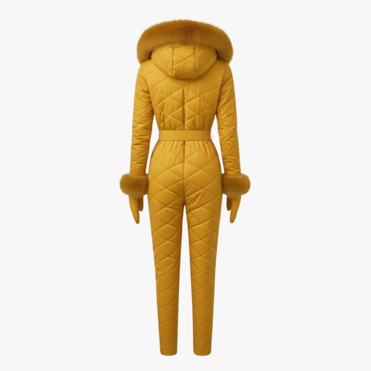 Back view of the quilted ski jumpsuit and matching gloves in yellow laid flat against a white background.