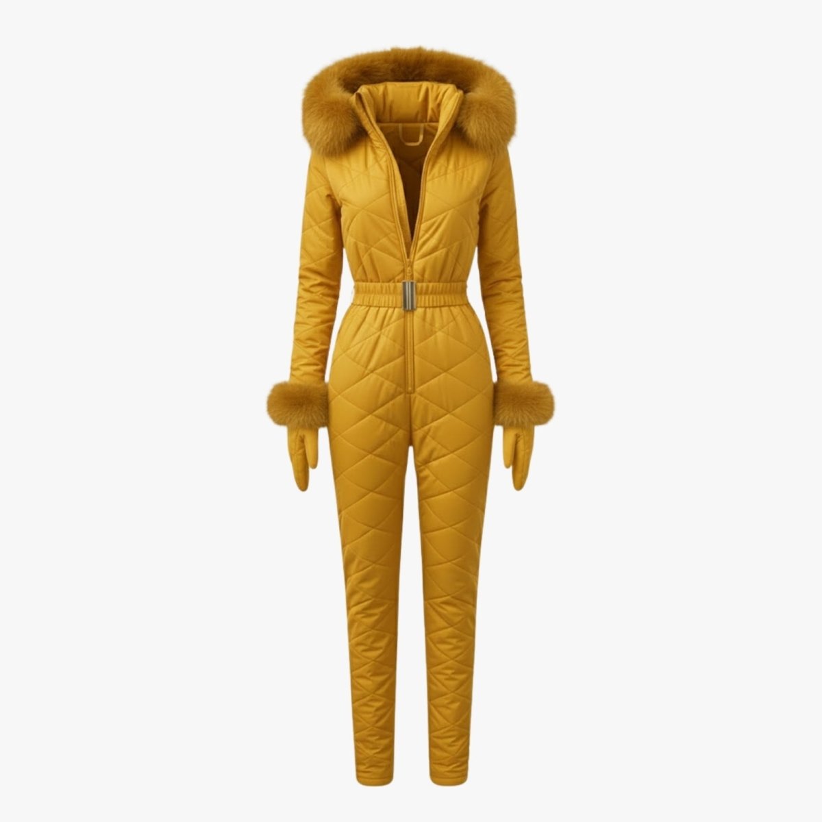 Front view of the quilted ski jumpsuit and matching gloves in yellow laid flat against a white background.