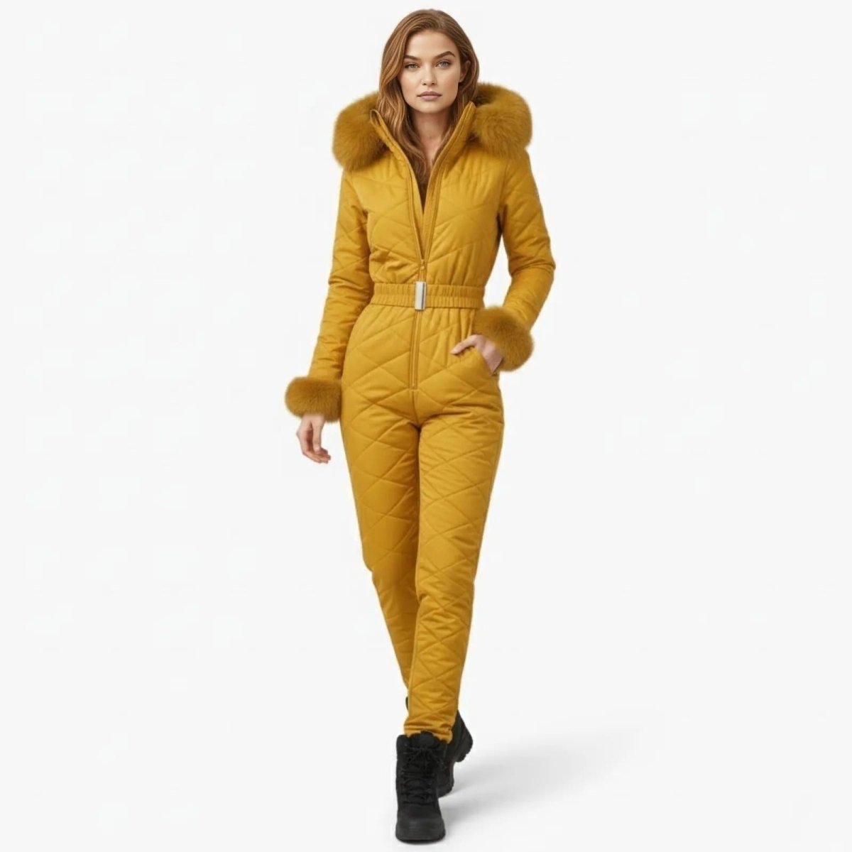 Model walking forward in the yellow quilted ski jumpsuit with a faux fur hood and matching black winter boots.
