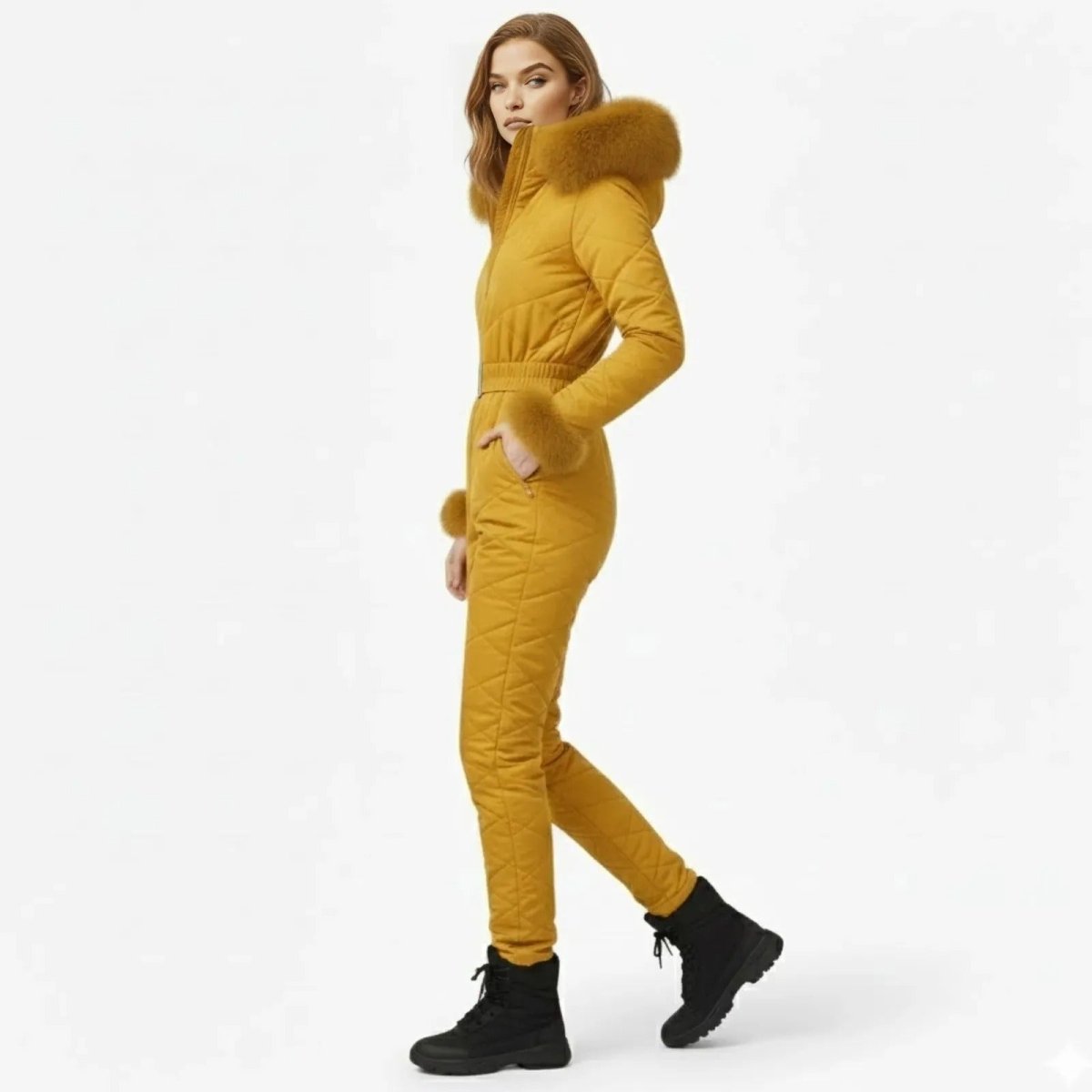 Side profile of a model wearing the slim fit belted ski jumpsuit in mustard yellow, showing the silhouette and pocket detail.