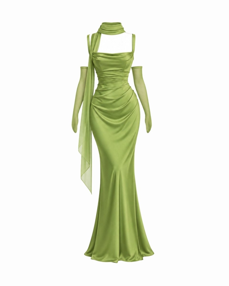 A yellow evening gown with a halter-style neckline, long sheer sleeves, and a draped scarf detail, shown on a plain white background.