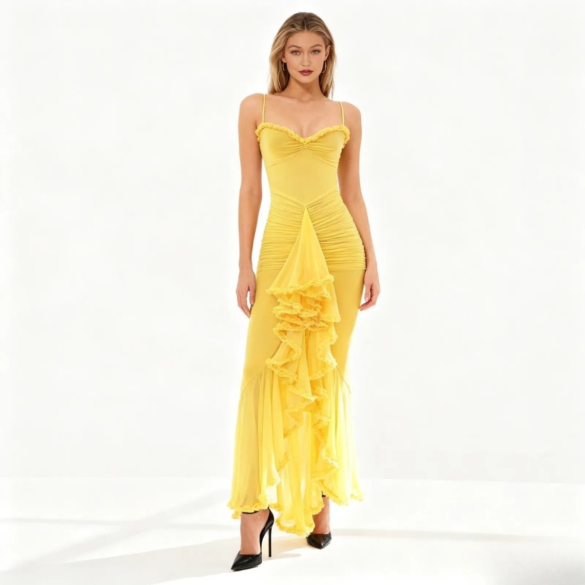 Woman wearing a yellow evening gown on a white background