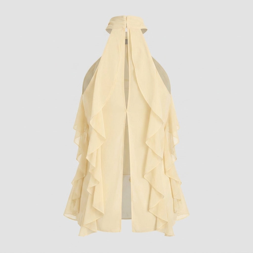 Flat lay style back view of the pale yellow flowing ruffle halter top showing the back collar closure and open split hem.