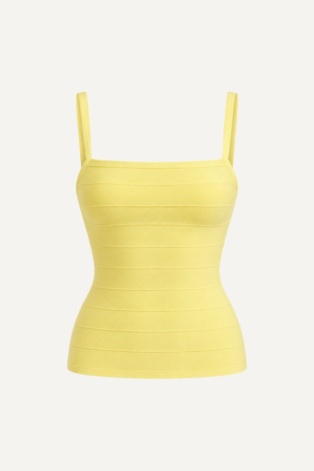 A pale yellow ribbed knit camisole top with thin shoulder straps and a square neckline, shown against a plain off-white background.