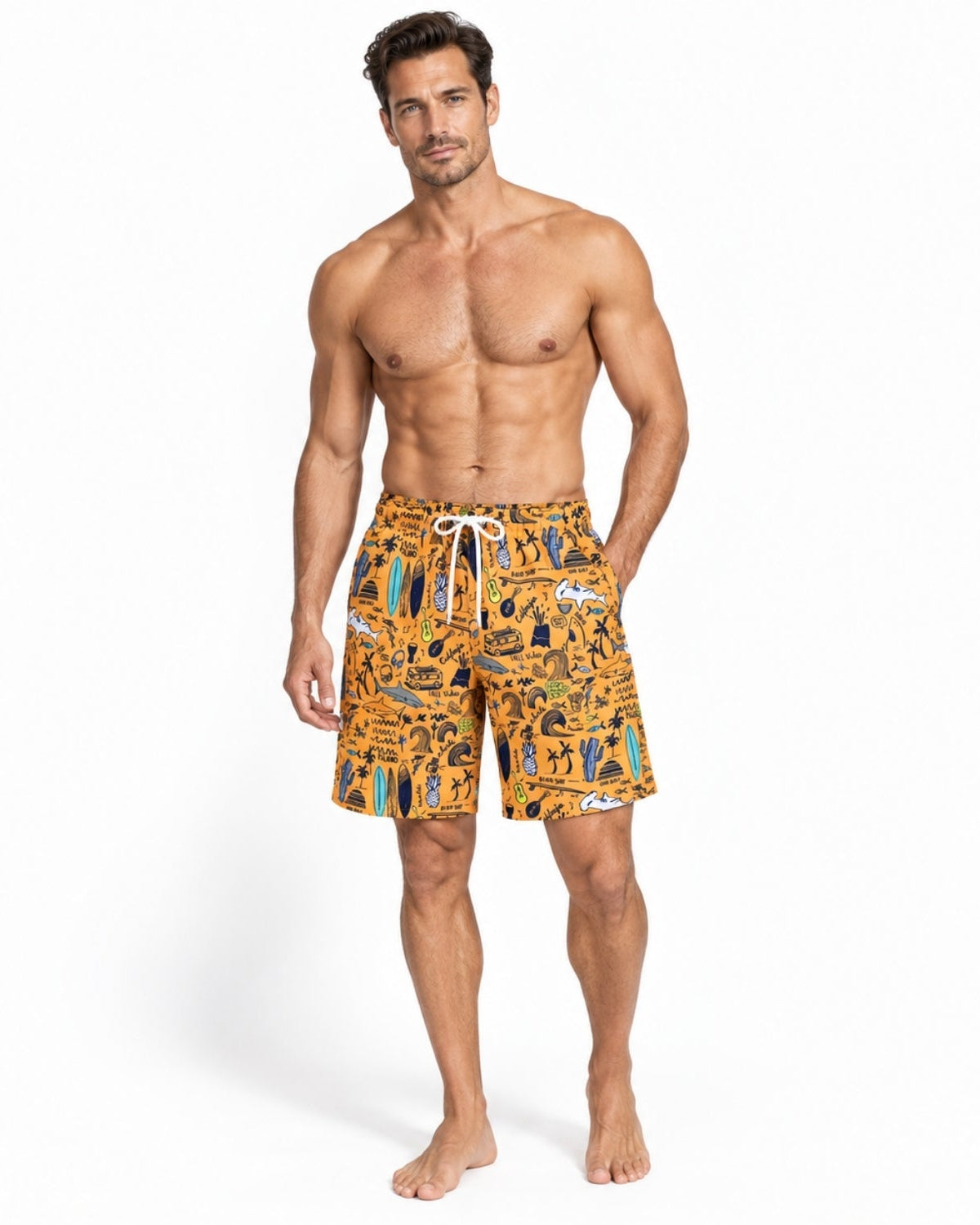 Front view of muscular male model wearing men's luxury designer yellow surf print swim trunks with white drawstring.
