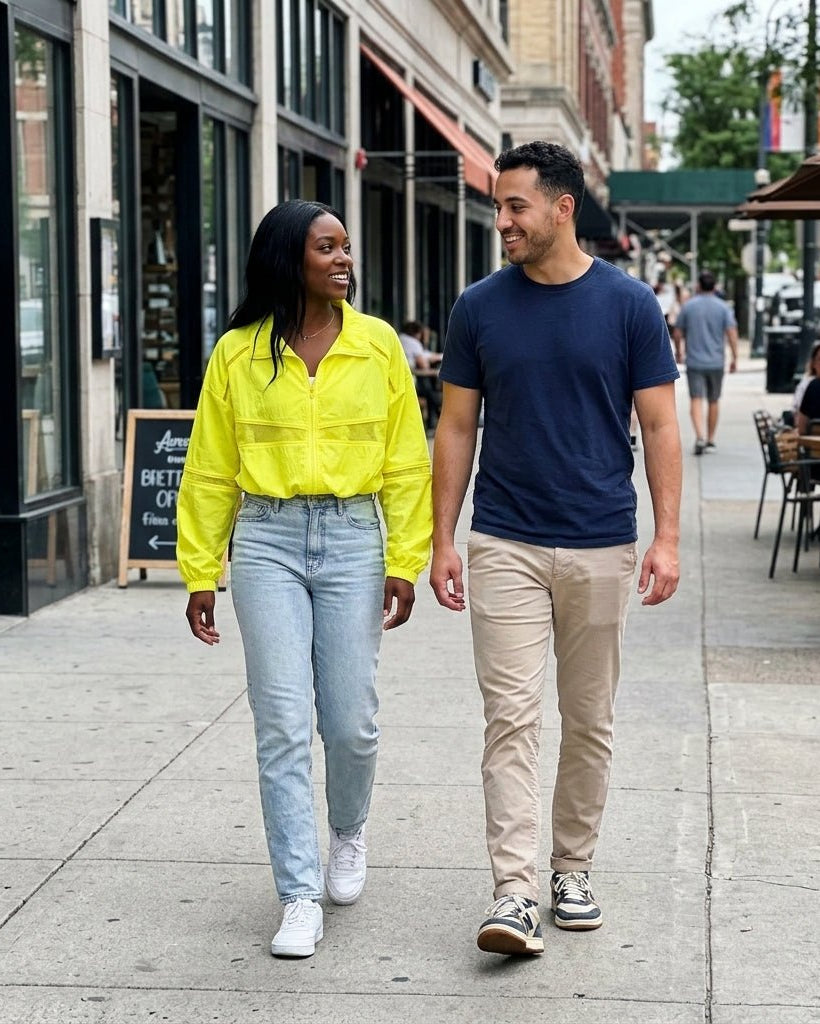 Woman smiling and walking down a sunny city street wearing a vibrant neon yellow zip-up windbreaker jacket styled casually.