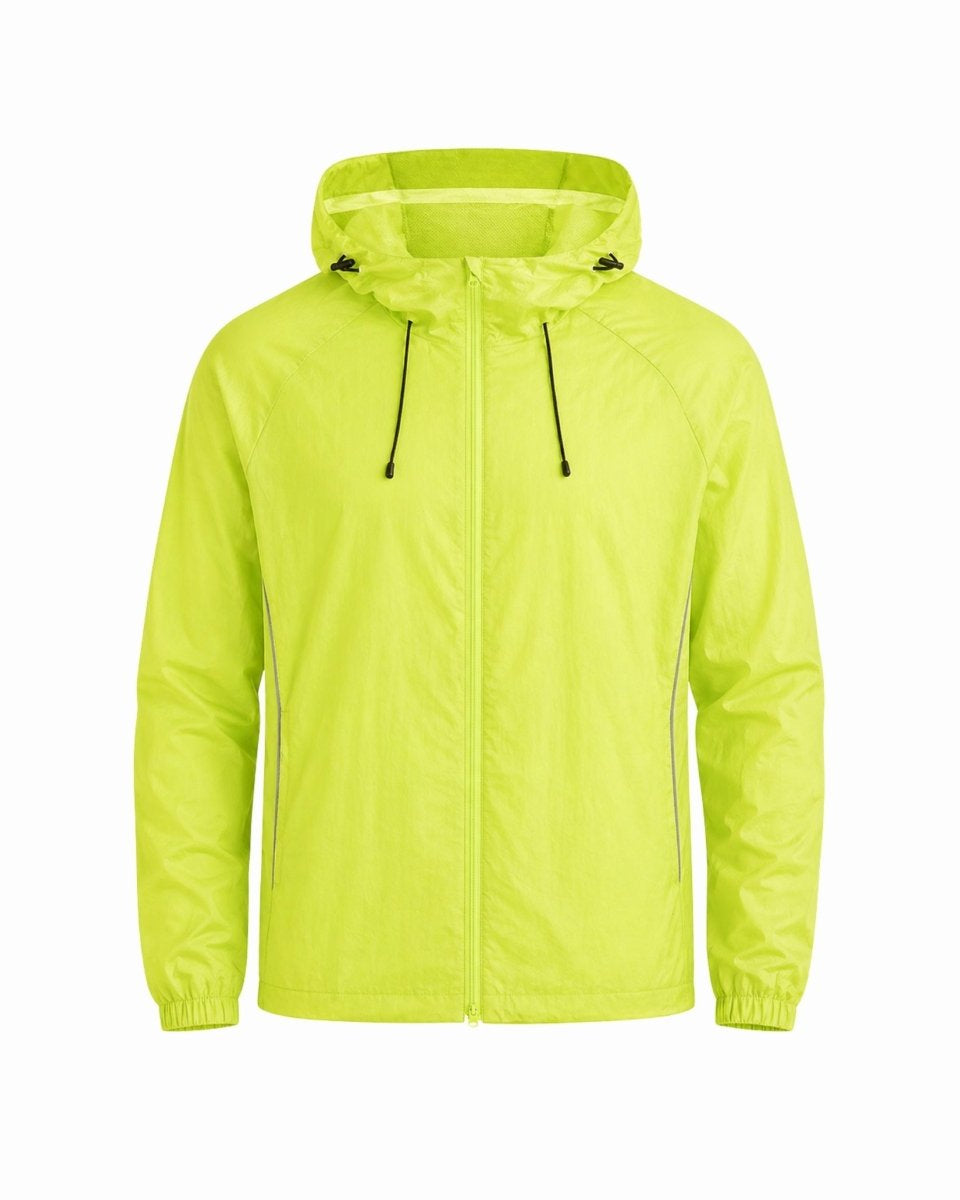 Front flat lay view of yellow lightweight hooded windbreaker jacket fully zipped