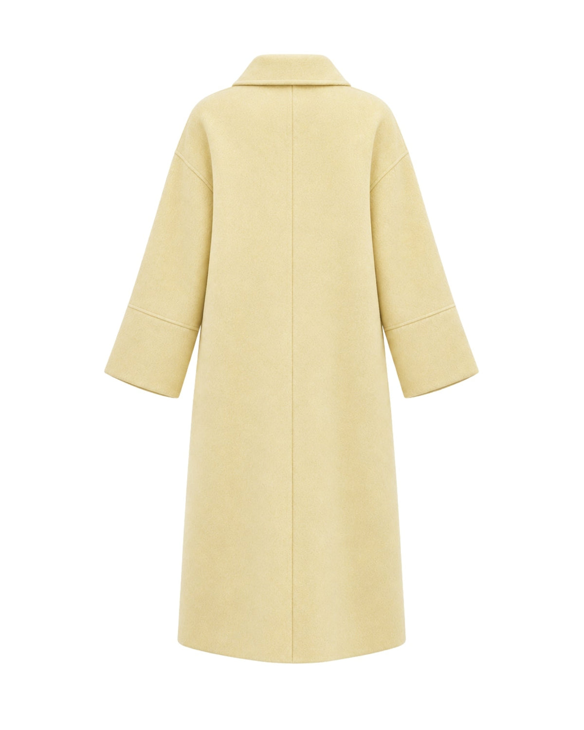 A pale yellow long coat shown from the back, featuring a collar, three-quarter sleeves, and a smooth matte texture, set against a plain white background.