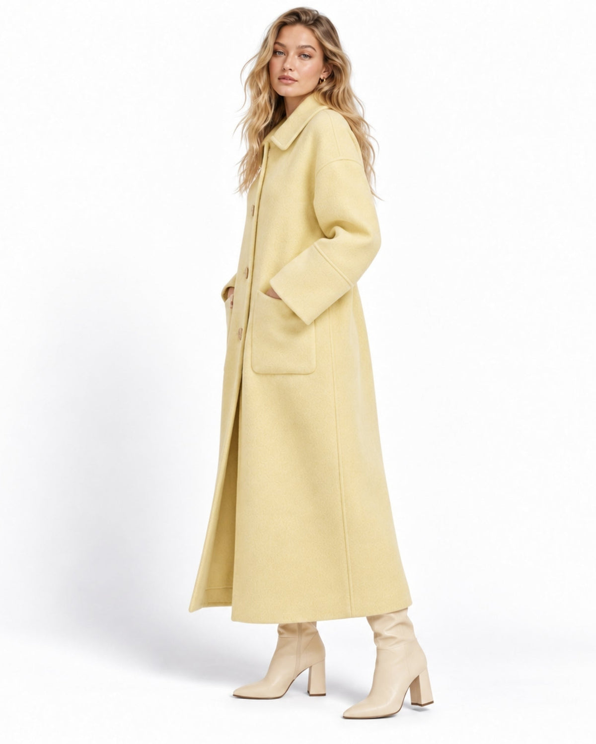 A woman modeling a long, light yellow-beige wool coat with a collar and front pockets, paired with beige ankle boots, against a plain white studio background.